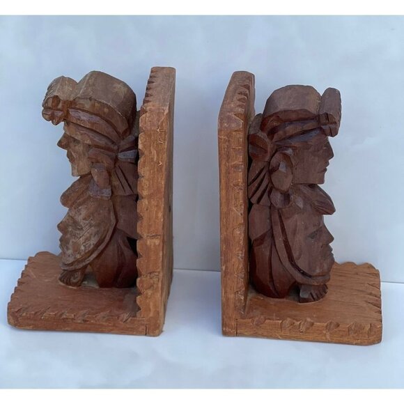 Vintage Bookends Pair Carved Wood Shelf Art Tribal Hand Crafted Brown 4.5x7" - Picture 9 of 11